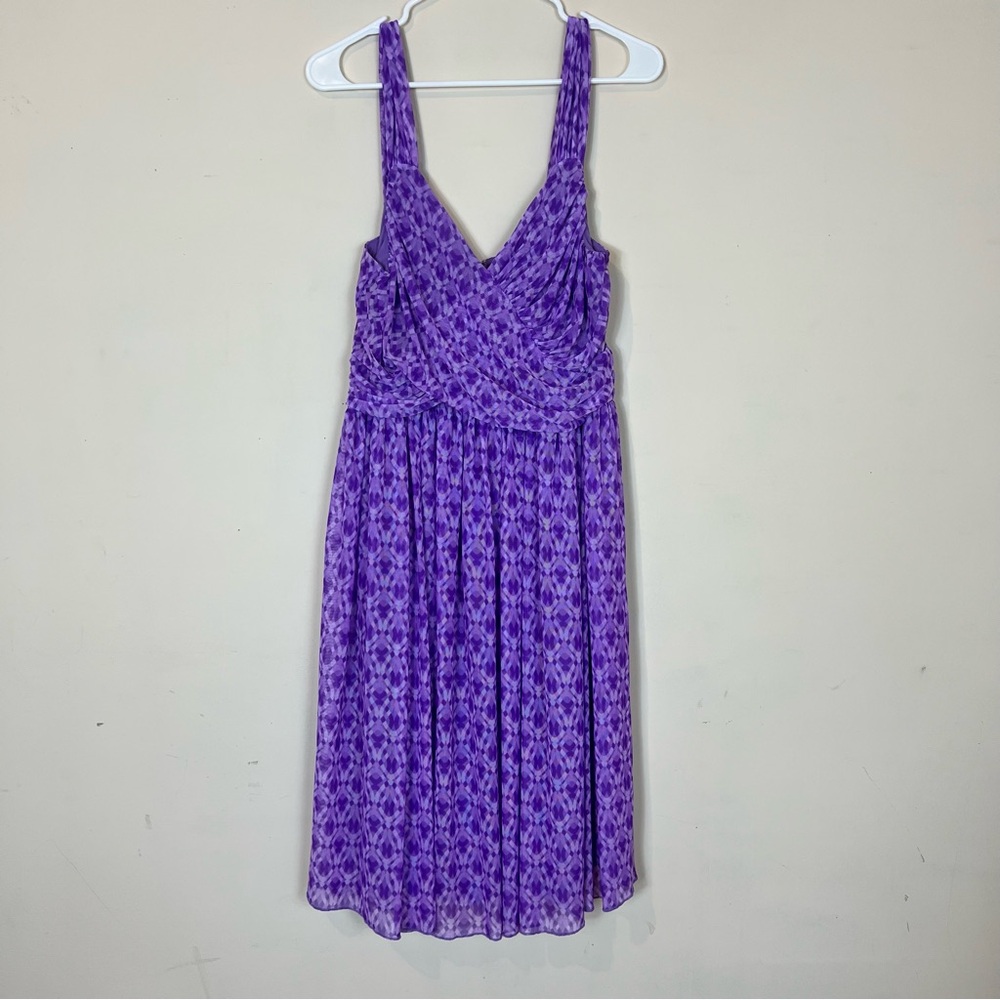 Chadwicks Ruche Midi Dress Sz 12 Purple Geometric Print